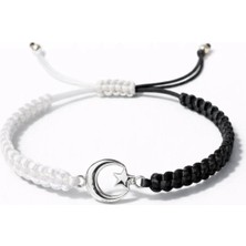 Siyah Beyaz Ay Yıldız Makrome Örgü Taraftar Unisex Bileklik 16CM-28CM