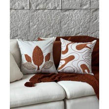 Diva Home 4lü Özel Tasarım Nakışlı 2 Sade Taba Renk 2 Taba Çam Kozalığı Serisi Kırlent Kılıfı 45X45 cm – 2 Farklı Model