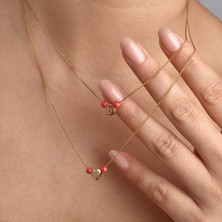 Nox Jewelry 14 Ayar Altın Kaplama Mercan Taşlı Çift Katlı Harf ve Kalp Gümüş Kolye - Kişiye Özel Zarif Kolye