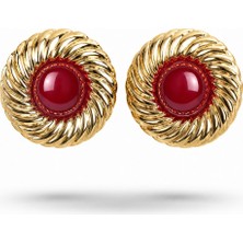 Serelya Pirinç Gold Renk Bordo Boncuklu Vintage Kadın Küpe