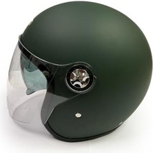 MarkEntegra Motosiklet Yarım Kask , Mat Yeşil, Çift Vizörlü, Vintage Stil, Terletme Yapmaz Pedler -M Beden