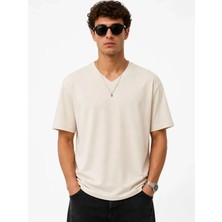 Defy Moda Erkek V Yaka Basic Tişört Kısa Kol Yazlık Regular Fit T-Shirt - Bej