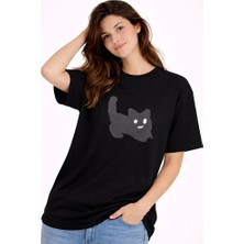 Nevermind Unisex Oversize Tişört Kedi Baskılı Minimal Tasarım %100 Pamuk