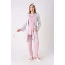 Erdeniz Tekstil Desenli Sabahlık ve Düğmeli Yaka Detaylı Hamile Pijama ve Sabahlıklı Penye Pamuk Pijama Takımı