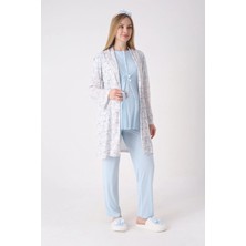 Erdeniz Tekstil Desenli Sabahlık ve Düğmeli Yaka Detaylı Hamile Pijama ve Sabahlıklı Penye Pamuk Pijama Takımı