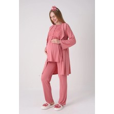 Erdeniz Tekstil Yeni Sezon Modern,rahat ve Şık Hamile - Lohusa Pijama Sabahlık Takımı Dokulu Kuşaklı Şal Yaka Güpürlü Düğmeli Emzirme 3'lü Hamile Set