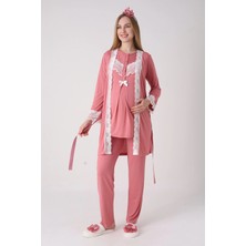 Erdeniz Tekstil Yeni Sezon Modern,rahat ve Şık Hamile - Lohusa Pijama Sabahlık Takımı Dantelli Fırfırlı Düğmeli Emzirme Pamuklu 3'lü Hamile Set