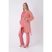 Erdeniz Tekstil Yeni Sezon Modern,rahat ve Şık Hamile -  Dokulu Sabahlıklı Dantel Panelli Lohusa Pijama 3'lü Takım