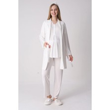 Erdeniz Tekstil Yeni Sezon Modern,rahat ve Şık Hamile - Lohusa Pijama Sabahlık Takımı Jakarlı Şal Yakalı Dantel Panelli Düğmeli Emzirme 3'lü Set