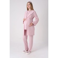 Erdeniz Tekstil Yeni Sezon Modern,rahat ve Şık Hamile - Lohusa Pijama Sabahlık Takımı Dokulu Kuşaklı Şal Yaka Güpürlü Düğmeli Emzirme 3'lü Hamile Set