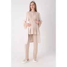 Erdeniz Tekstil Yeni Sezon Modern,rahat ve Şık Hamile - Fitilli Dokulu Kolları Geniş Güpürlü 3'lü Lohusa Pijama Takımı