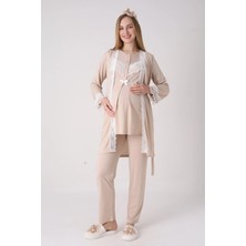 Erdeniz Tekstil Yeni Sezon Modern,rahat ve Şık Hamile - Lohusa Pijama Sabahlık Takımı Dantelli Fırfırlı Düğmeli Emzirme Pamuklu 3'lü Hamile Set