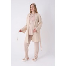 Erdeniz Tekstil Yeni Sezon Modern,rahat ve Şık Hamile - Lohusa Pijama Sabahlık 3'lü Takım Dantel Yakalı Cepli Düğmeli Emzirme Pamuk Viskon Hamile Pijama