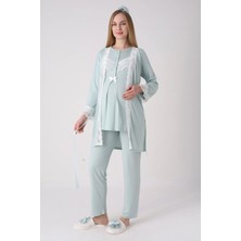 Erdeniz Tekstil Yeni Sezon Modern,rahat ve Şık Hamile - Lohusa Pijama Sabahlık Takımı Dantelli Fırfırlı Düğmeli Emzirme Pamuklu 3'lü Hamile Set