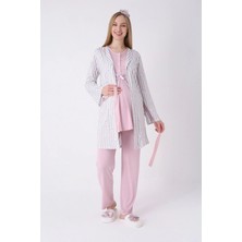 Erdeniz Tekstil Yeni Sezon Modern,rahat ve Şık Hamile Pijama ve Sabahlık Takımı 3’lü – Lohusa Pijama Bisiklet Yaka Çizgili Desenli Pamuk Viskoz