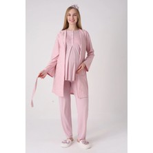 Erdeniz Tekstil Yeni Sezon Modern,rahat ve Şık Hamile - Lohusa Pijama Sabahlık Takımı Jakarlı Hırka Dantel Işlemeli Düğmeli Emzirme Pamuklu 3'lü Set