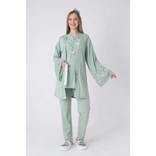 Erdeniz Tekstil Yeni Sezon Modern Rahat ve Şık Hamile -Lohusa- Geniş Dantel Kollu Sabahlık ve 3’lü Emzirme Pijama Seti