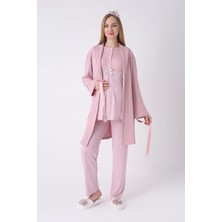 Erdeniz Tekstil Yeni Sezon Modern,rahat ve Şık Hamile - Lohusa Pijama Sabahlık 3'lü Takım Waffle Dokulu Dantel Göğüslü Düğmeli Emzirme Pamuk Viskon Set