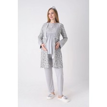 Erdeniz Tekstil Yeni Sezon Modern,rahat ve Şık Hamile - Lohusa Pijama Sabahlık 3'lü Takım Dal Desenli Dantel Göğüslü Düğmeli Emzirme Pamuk Viskon Set