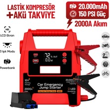 Enkado 4'ü 1 Arada Şarjlı Akü Takviye Cihazı Oto Hava Kompresörü Lastik Şişirme Pompası 20.000MAH Powerbank