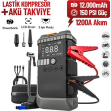 Enkado 4'ü 1 Arada Şarjlı Akü Takviye Cihazı Oto Hava Kompresörü Lastik Şişirme Pompası 12.000MAH Powerbank