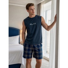 Arc Poylin Erkek %100 Pamuklu Compakt Penye Indigo Relax Baskılı Şortlu Pijama Takımı-Nefes Alan Pamuklu Kumaş