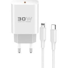 Durukar Mey Ithalat®  C87C 30W Type-C Çıkışlı Ekstra DL50 1m Type-C To Lightning Kablolu Pd Şarj Cihazı - Beyaz