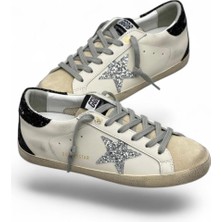 Globalux Golden Goose - Women's Super Star With Silver Star And Black Glitter Heel Tab - Kadın Sneakers Ayakkabı