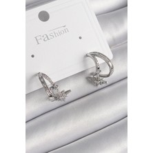 Renas Store Pirinç Gümüş Renk Zirkon Taşlı Halka Model Sallantı Yıldız Detay Kadın Küpe
