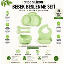 Jojobebek Silikon Beslenme Seti / Vakumlu Silikon Mama Tabağı ve Kase, Önlük, Çatal ve Kaşık /Yeşil