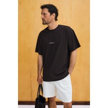 Grimelange Rıver Erkek Oversize Fit Bol Kesim Nakış Işlemeli Basic Örme Kahverengi T-Shirt