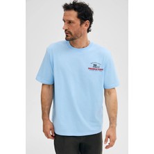 Grimelange Gıganest Erkek %100 Organik Pamuklu Baskı Detaylı Yuvarlak Yaka Mavi T-Shirt