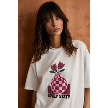 Grimelange Sprıne Kadın Yumuşak Kumaşlı %100 Pamuklu Baskılı Regular Beyaz T-Shirt