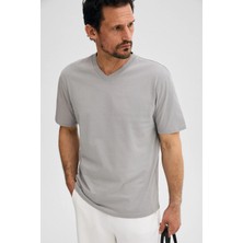 Grimelange Almerı Erkek %100 Pamuk Yumuşak Kumaşlı V Yakalı Gri T-Shirt