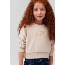 MAVİ LOGO Crop Sweatshirt Kız Çocuk Bej Renk Oversize Truvakar Kol Cepli Tasarım