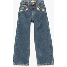 Koton Yüksek Bel Pamuklu Bol Kalıp Çiçek Işlemeli Geniş Paça Denim Pantolon
