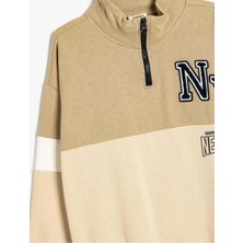 Koton Erkek Çocuk Sweatshirt Dik Yaka Yarım Fermuarlı Kahve Renk Bloklu Uzun Kollu Cepsiz