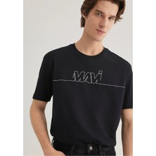 Mavi Siyah Tişört Kısa Kol Erkek Loose Fit Bisiklet Yaka Logo Baskılı İnce Pamuklu 0610254-900