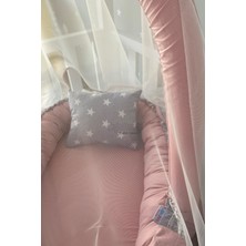 Jaju Baby Gri Yıldızlı Pudra Cibinlik ve Oyuncak Askılı Lüx Tasarım Babynest Pamuk Malzeme ile Konforlu
