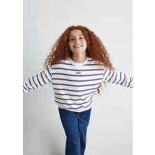 Mavi Mor Çizgili Logo Baskılı Sweatshirt Kız Çocuk Uzun Kol Geniş Kalıp Renkli Tasarım