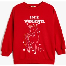 Koton Slogan Baskılı Sweatshirt Boxy Bisiklet Yaka Şardonlu Pamuklu