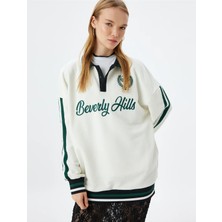 Koton Polo Yaka Sweatshirt Oversize Kolej Işlemeli Şerit Detaylı Düğmeli Şardonlu