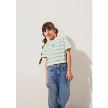 Mavi Mavi Logo Baskılı Yeşil Çizgili Crop Tişört 7610182-88145