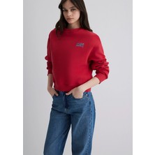 Mavi Kadın Kırmızı Crop Sweatshirt Uzun Kollu Cepli Bisiklet Yaka Orta Kalınlık
