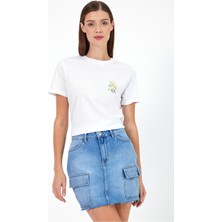 Vena Kadın Summer Beyaz Bisiklet Yaka Yazı Baskılı T-Shirt