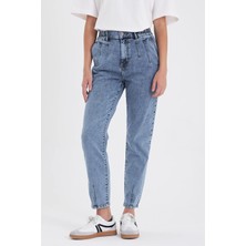 Norah Med Blue Yıpratma Detaylı Beli Lastikli Jean Pantolon - Med Blue