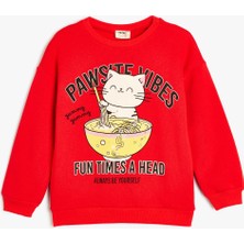 Koton Çocuk Sweatshirt Kırmızı Bisiklet Yaka Truvakar Kol Kedi Baskılı Eğlenceli Tasarım