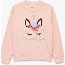 Koton Simli Unicorn Baskılı Kız Çocuk Uzun Kollu Pembe Sweatshirt Eğlenceli Tasarım ve Rahat Kullanım