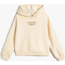 Koton Kapşonlu Ekru Sweatshirt Uzun Kollu Şardonlu İşleme Detaylı