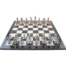Gift Home Metal Klasik Satranç Takımı Antik  ve Katlanır Mermer Desenli MDF Ahşap Satranç Tahtası (43x43 cm.)
